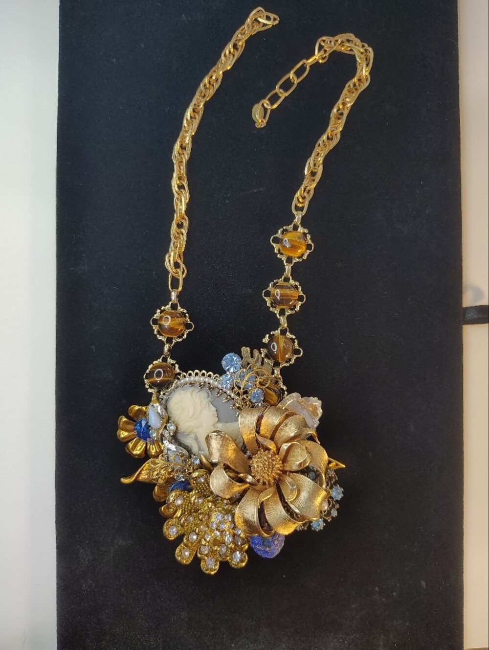 Gold-Tone Floral Cameo Statement Necklace - Blue & Gold